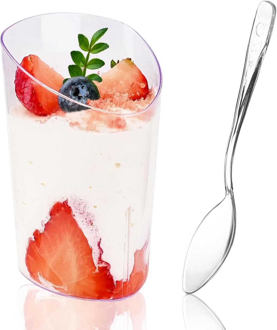 50 Pack Plastic Dessert Cups with Spoons, 3 oz Clear Mini Parfait Appetizer Cups, Reusable Slanted Triangle Shooter Serving bowls for Tasting, Small Dessert Shot Glasses