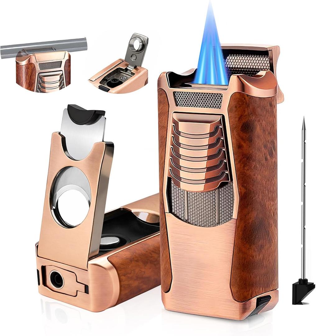 All in One Butane Torch Lighter, Triple Jet Flame Windproof Lighter Built-in Cutter, Punch, Holder, Draw Enhancer, Refillable Butane Lighter for Candles, Cool Lighters Gift for Men (No Gas)