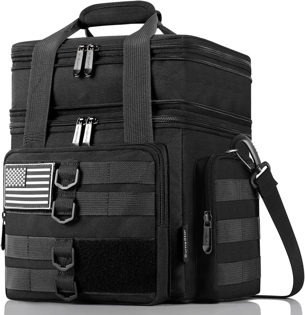 Tactical Lunch Box for Men, Large Insulated Lunch Bag for Adult, Heavy Duty Double Deck Expandable Lunch Cooler Bag with American Flag, Leakproof Soft Lunch Pail for Work Office Camping - Black (16.5L)