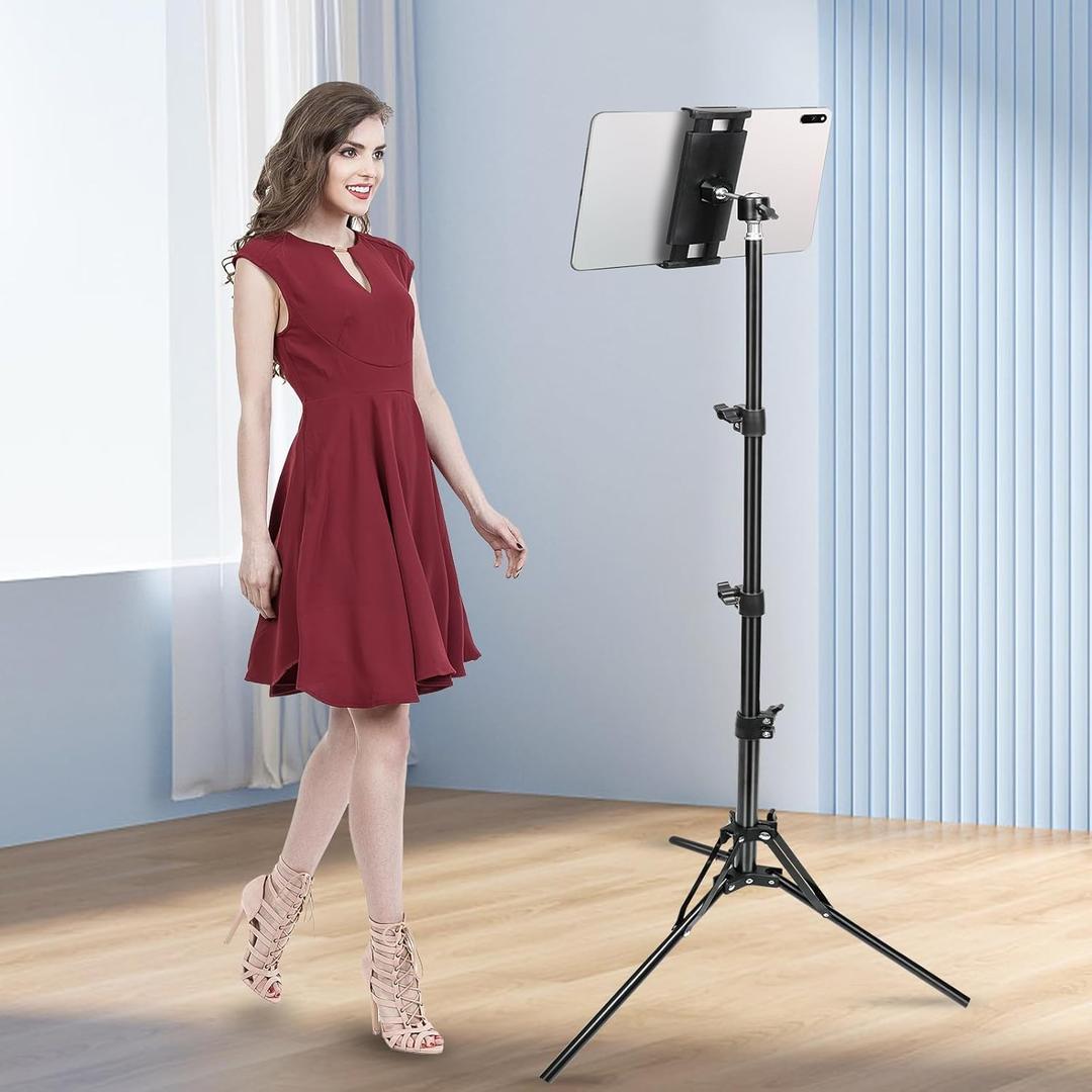 Tablet Tripod Stand, with 65 inch Height Adjustable Tripod Stand with 360 Rotating for All 4.5-12.9 Inch-Screen Tablets and Phones