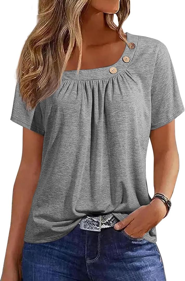 Womens Summer Tops Short Sleeve Asymmetrical Neck T Shirts with Buttons (X-Large, Grey)