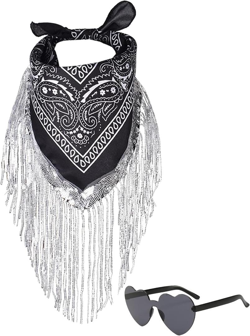 Fringe Rhinestone Bandana with Heart Sunglasses, Disco Cowgirl Bachelorette (Black)