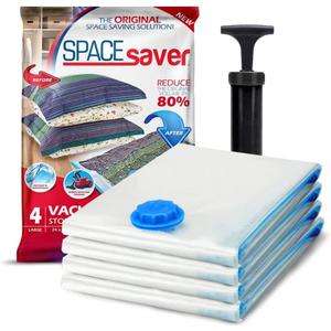 Spacesaver 4 Pack Large Vacuum Storage Bags for Comforters, Blankets & Clothes – Vacuum Sealed Compression Bags with Hand Pump – Space Saver Storage Bags for Bedding, Moving, Travel & Organization, 100% polyester blanket, 60 cm x 80 cm