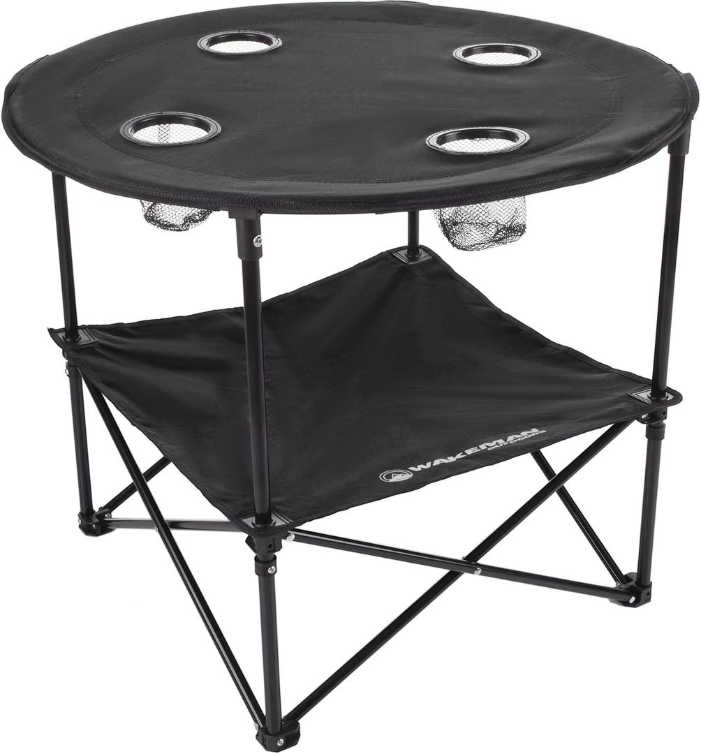 Camping Table - 2-Tier Folding Table with 4 Cupholders and Carry Bag for Picnic, Tailgate, Beach, or Camp - Camping Gear by Wakeman Outdoors (Black)