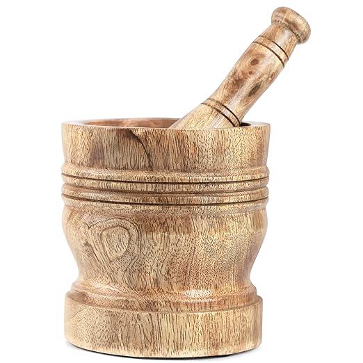 Handcrafted Mango Wood Mortar and Pestle - Perfect for Grinding Herbs, Spices, Garlic, Nuts - Versatile Kitchen Tool for Guacamole, Salsa, and More (Brown) - CLEENTABLE