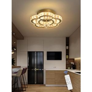 Flashing God W16'' Modern Gold Chandeliers for Living Room Crystal Ceiling Light Fixtures LED Flush Mount Light for Foyer Hallwey Bedrooms Dining Room Dimmable 2700k-6000k