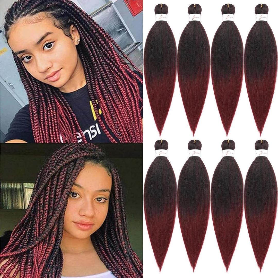 Ombre Burgundy Braiding Hair Pre-stretched 8 Packs 18 Inch Kanekalon Yaki Texture Pre-stretched Hair For Braiding Professional Synthetic Hair Extension Itch Free Hot Water Setting (18", T1B/900#)