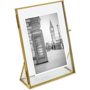 Isaac Jacobs 5x7, Antique Gold, Vintage Style Brass and Glass, Floating Photo Frame, Metal, (Vertical), with Locket Closure and Angled Base, for Pictures, Art, Mementos, Keepsakes (5x7, Antique Gold)