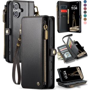 Defencase Compatible with iPhone 17 Case Wallet with RFID Blocking Card Holder for Women and Men, Fashion PU Leather Magnetic Snap Flip Zipper Strap Wallet Phone Case for iPhone 17 6.3", Black