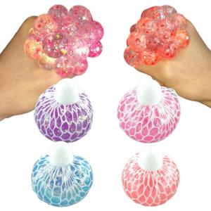 Fidget Toys for Kids Pack of 4, Glitter Mesh Grape Squishy Stress Balls for Adults - Sparkly Jelly Stress Balls, Sensory Squeeze Toys for Stress Relief/Hand Exercise(Purple/Blue/Pink/Coral)
