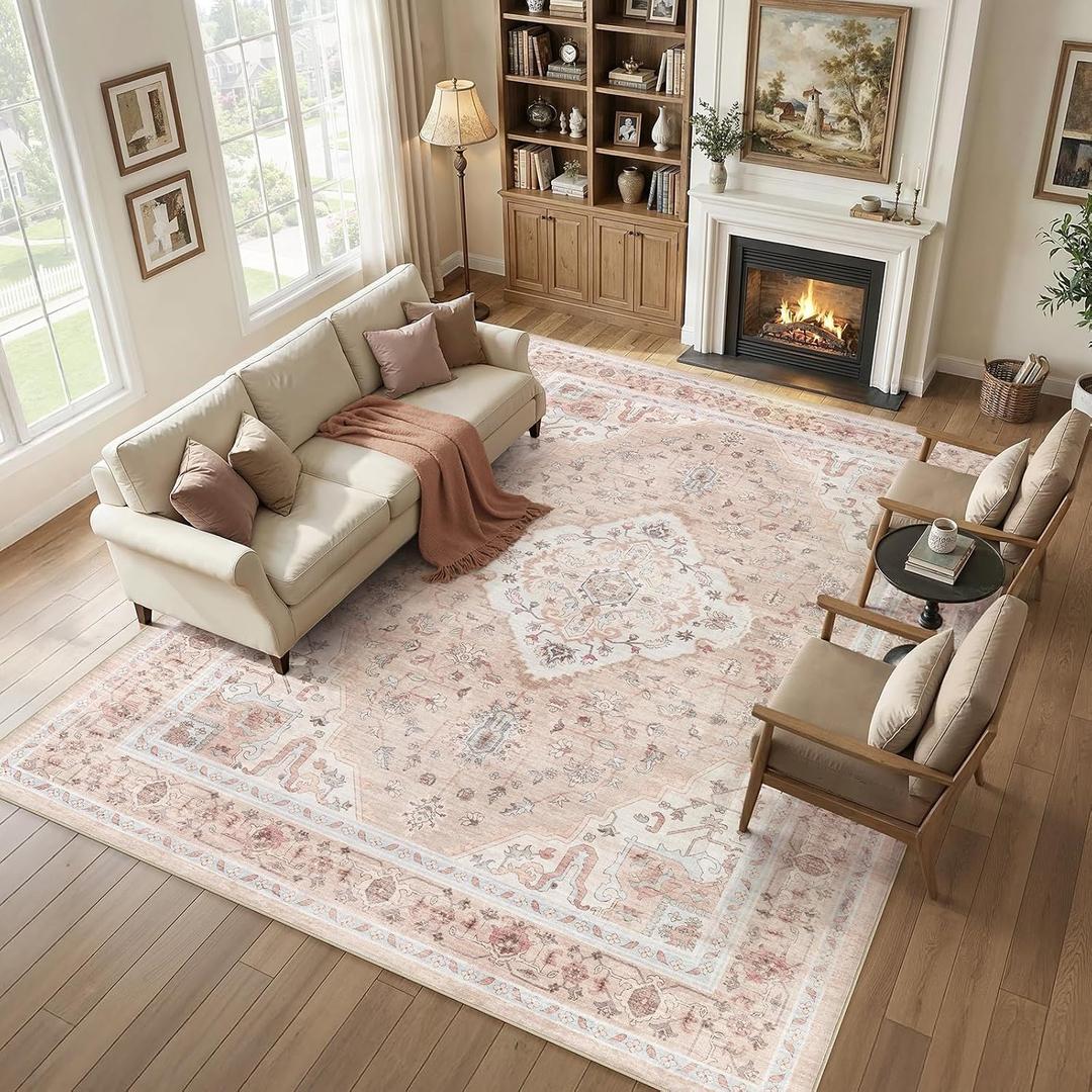 10x12 Living Room Area Rugs, Vintage Washable Rugs Non-Slip Large Carpet for Bedroom Office Dining Room Kitchen, Soft Thin Stain Resistant Retro Floral Rug, Pink
