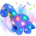 Hopearl LED Musical Stuffed Dinosaur Lighting Up Singing Diplodocus Soft Plush Toy with Long Neck Adjustable Volume Lullaby Animated Soothe Gifts for Kids Toddlers, Blue, 16''