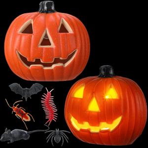 2 Pack Plastic Jack O Lantern Pumpkins Halloween Light up Pumpkin with 2 Pack Plastic Bugs Fake Roach Spider Outdoor Indoor Battery Operated Lighted Halloween Pumpkin Decorations Party Favor Gifts