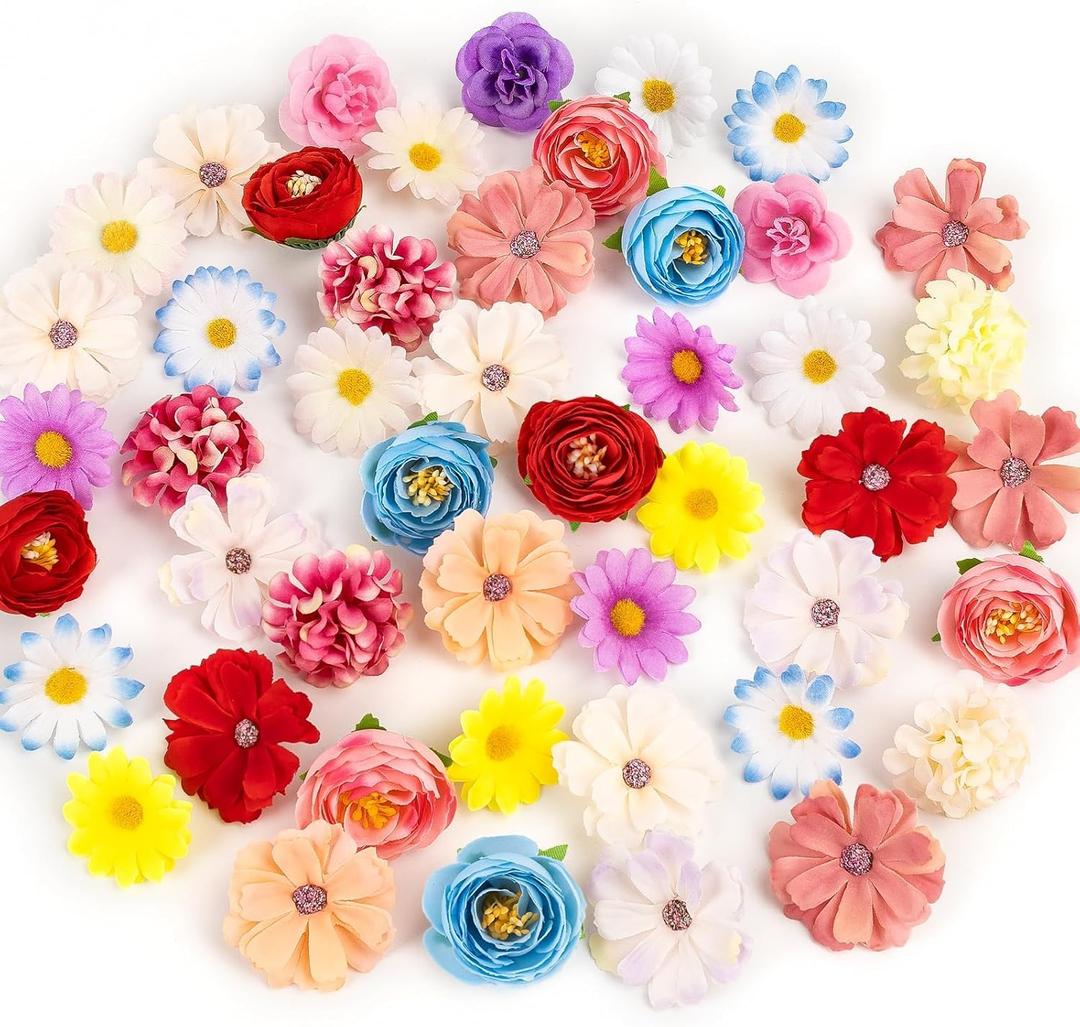 ATTGREAT Fake Flower Heads Small Silk Flower Bulk Mini Artificial Daisy Roses Buds 3D Faux Floral Accessories for Crafts DIY Hair Cake Wedding Party Home Decoration (Bright Colors Mixed)