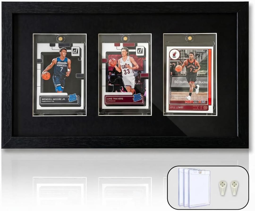 Trading Card Display Frame for 3 Cards, Tempered Glass Sports Card Frame, Wall Mount or Tabletop Card Display Case for Baseball Basketball Football Hockey Cards