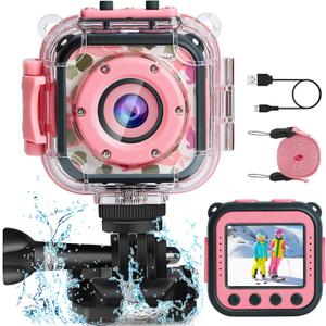 PROGRACE Kids Camera Waterproof- Children Digital Video Cameras Underwater Camera Toy for Kids 1080P DV Toddler Cameras for Girls Birthday Pool Toys Age 3-14 (Pink)