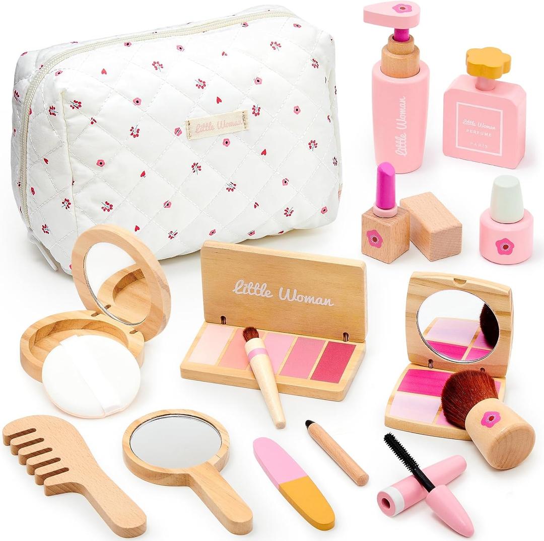 Lonico Wooden Makeup Toy Set for Girls Pretend Play Makeup Kit for Toddlers 3-5 with Eyeshadow/ Mascara/ Perfume/ Blush/ Mirror/ Bag, Birthday Gifts for Girls Toys Kids Aged 3 4 5 6 7 8