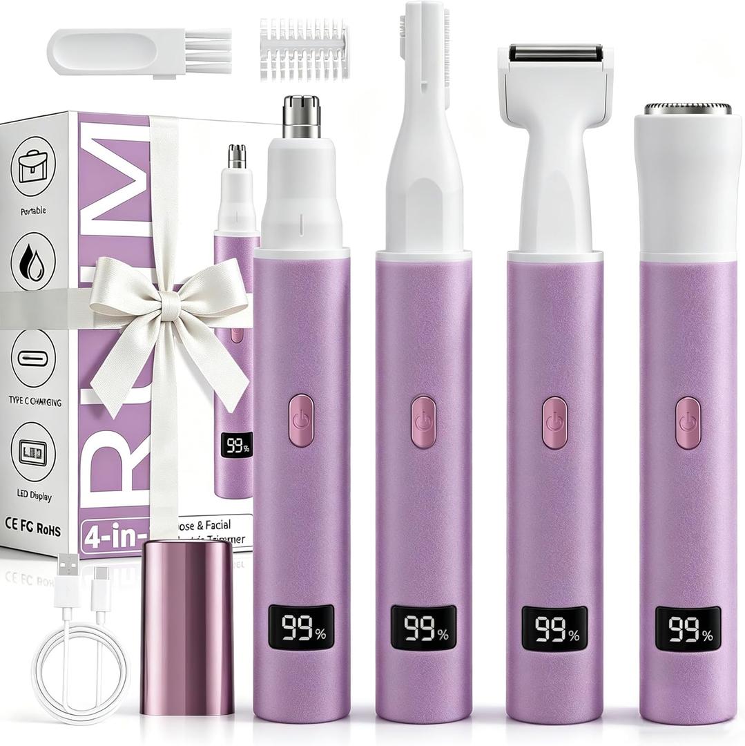 RUIM Electric Nose Hair Trimmer for Women, 4-in-1 Painless Facial Grooming Kit with Eyebrow Trimmer, Nose & Ear Trimmer, Facial Shaver - USB-C Rechargeable, Waterproof, LED Display (Purple)