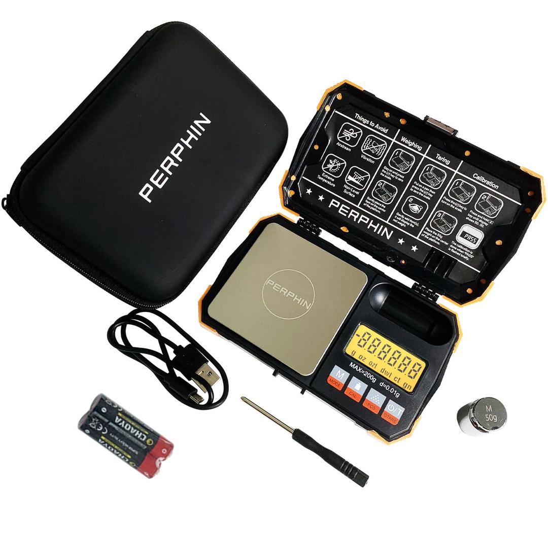 Pocket Scale, Dual Powered, Precision Gram Scale with Zipper Case, Digital Small Coin Scale, Large Backlight Display, 200g x 0.01g, 6 Weighing Units,Cal Weight, USB Cable Included (Orange)