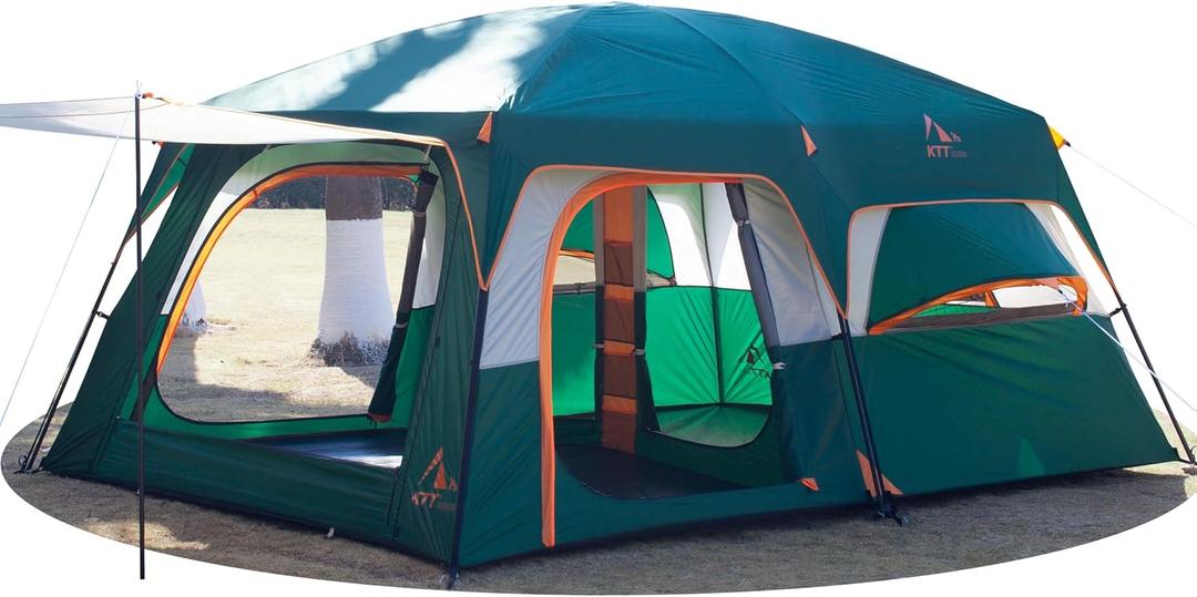 KTT Extra Large Tent 12 Person, Family Cabin Tents, 2 Rooms, 3 Doors and 3 Windows with Mesh, Straight Wall, Waterproof, Double Layer, Big Tents for Outdoor, Picnic, Camping, Family Gathering.