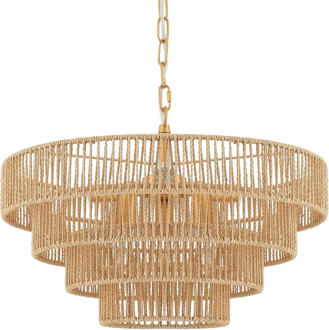 6-Lights Hand-Woven Rattan Pendant Light 4 Round Transitional Minimalist Boho Large Pendant Light for Kitchen Island Dining Room Living Room Hallway, Dia 20 Inch, UL Listed (A-Brass)