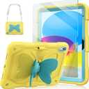 Ambison Case for iPad (A16) 11th/10th Generation 2025/2022 10.9'' for Kids Girls, with 9H Tempered Glass Screen Protector, Heavy Duty Protective Case with Butterfly Stand, Carrying Strap-Yellow