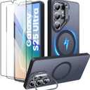 Magnetic Case for Samsung Galaxy S25 Ultra with Stand, Compatible with MagSafe, with 2 HD Screen Protectors, Military-Grade Protection, Translucent Matte Slim Case for S25 Ultra, Black