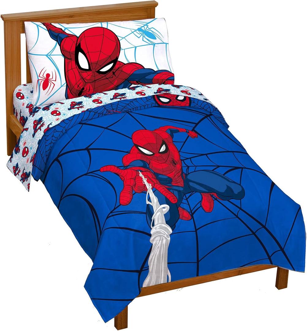 Jay Franco Marvel Spiderman Webtastic 4 Piece Toddler Size Bed Set Super Soft Microfiber Bed Set Includes Toddler Size Reversible Comforter & Sheet Set Bedding (Official Marvel Product)