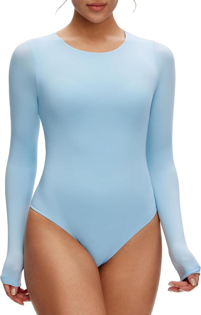 NANJI Long Sleeve Bodysuit for Women - Slim Fit Crew Neck Thong Body Suit, Stretch Double Lined Snap Tops, Casual Going Out (Blue, S)