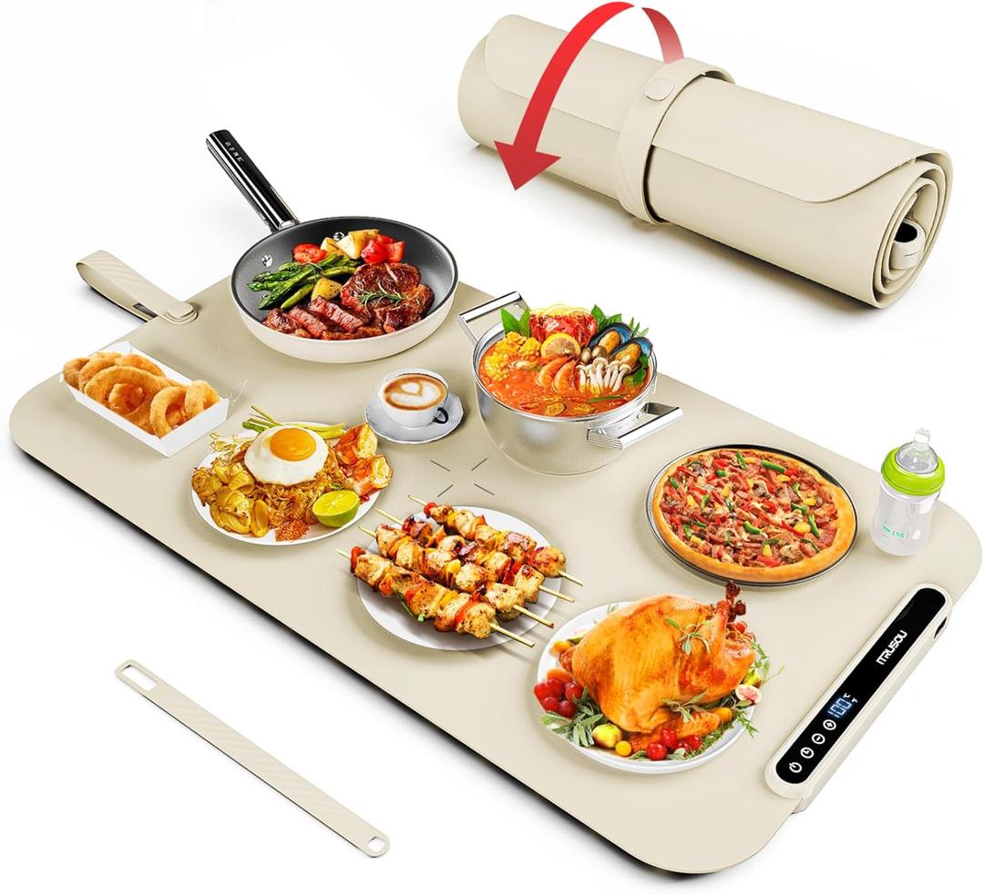 Food Warming Mat, iTRUSOU 27.5x16'' Electric Warming Tray with 7 Temp-Settings, Switchable Fahrenheit/Celsius, 99h Timer, Foldable Food Warmer Keep Food Warm at Buffet, Party, Sabbath, Daily Use, Beige