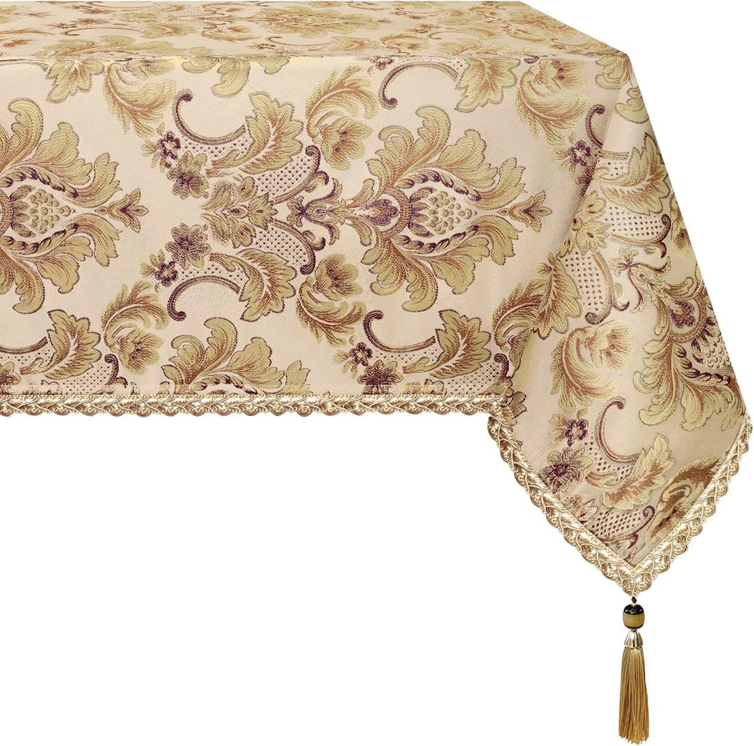Loom and Mill Luxury Rectangle Tablecloth 60 x 120 Inches, Elegant Damask Golden Floral Table Cover with Handmade Tassels for Dining Table Banquets Decorations(Beige, 60"x120")