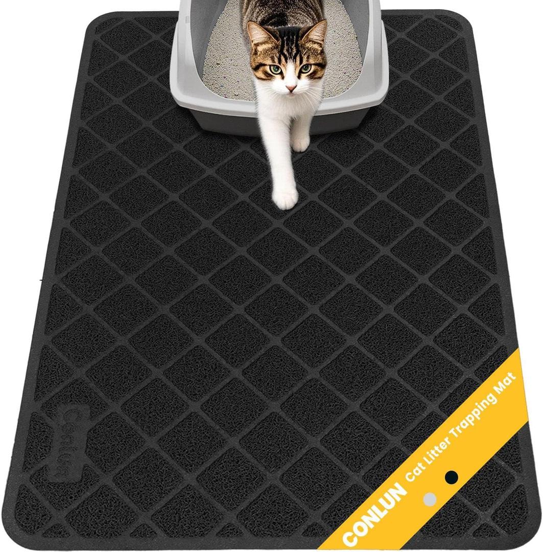 Cat Litter Mat Litter Trapping Mat, 35" x 23" Premium Durable PVC Grid Mesh with Scatter Control, Non-slip, Less Waste Cat Litter Box Mat, Soft on Kittys Paws, Urine Waterproof (Black)