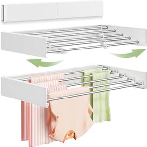 Vikaqi Wall Mounted Clothes Drying Rack 32", Foldable Wall Mount Laundry Rack Folding Indoor, Drying Rack Clothing Collapsible, Hidden Space Saver with Wall Template, 5 Rods, White, 32" Wide