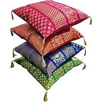 Set Of 4 Boho Throw Pillow Covers (16x16 Inches)  Colorful Brocade Silk Ethnic Decorative Cushions For Sofa, Couch, And Bed  Bohemian, Indian & Moroccan Inspired Home DCor For Living Room