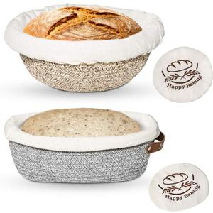 Sourdough Proofing Basket - Banneton Bread Proofing Basket, 9" Round & 10" Oval Cotton Rope Banneton Basket Set with Liners & Covers for Bread Baking (A2-Khaki/Grey)