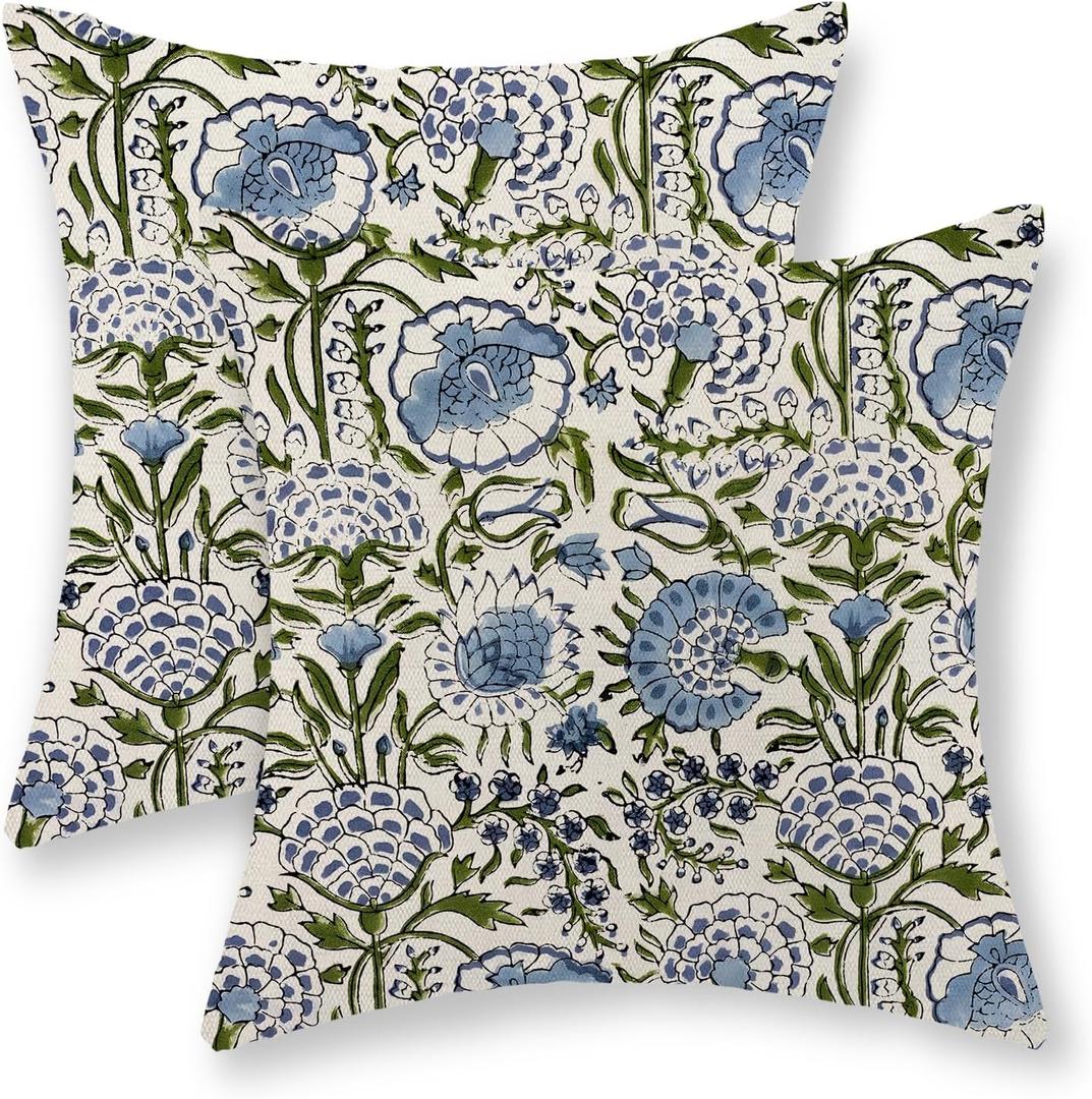 Boho Navy Blue Pillow Covers 18x18 Inch Set of 2 Blue Sage Green Floral Throw Pillows Vintage Flower Outdoor Decorative Pillow Cases Farmhouse Linen Cushion Cover Decor for Couch Sofa Decor