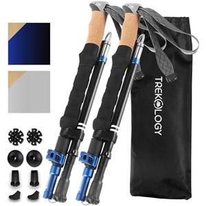TREKOLOGY Trek-Z Cork Grip Trekking Poles – Lightweight Folding Hiking Poles, Adjustable Height, Compact Travel Design, Aircraft-Grade Aluminum Walking Sticks for Men & Women Black with Blue