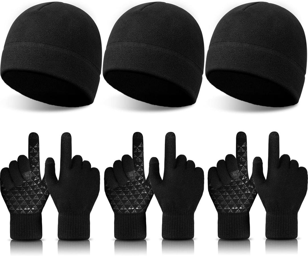 SATINIOR 6 PCS Winter Warm Beanie Hat Fleece Cap and Touchscreen Thermal Anti-Slip Gloves (Black)