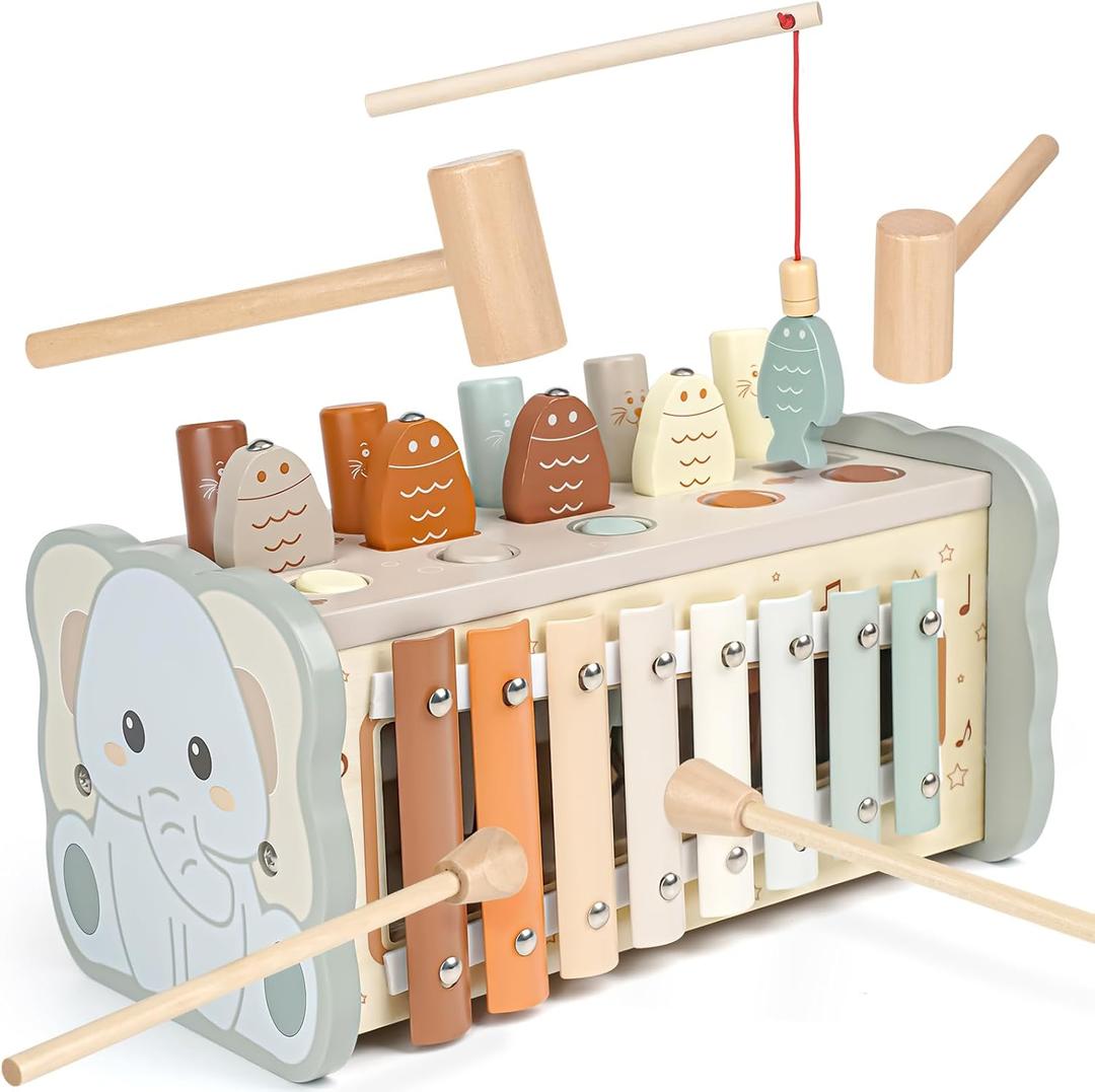 Joyreal Wooden Montessori Toys for 1 Year Old - Hammering Pounding Toy with Xylophone & Fishing Game - Educational Toddler Activities for 1 2 3 Year Old Christmas Birthday Gifts (Neutral)