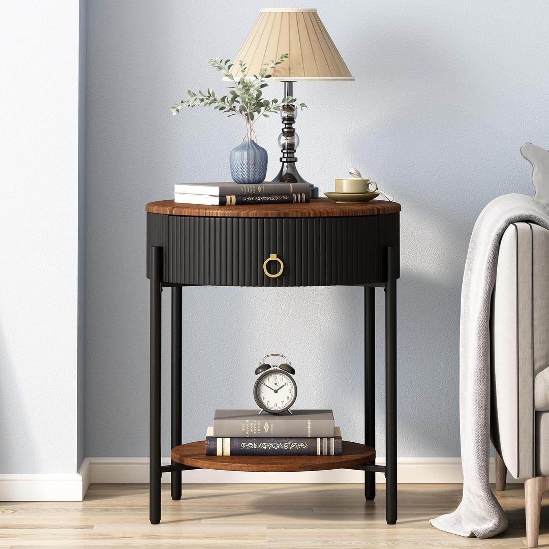OIOG Modern Side Table with Drawer, Industrial 2 Tier End Table with Shelf, Wood Grain Nightstand with Storage for Living Room, Bedroom, Office, Dorm, Black, 21.26 Inches X 21.26 Inches X 23.78 Inches