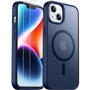 SPIDERCASE for iPhone 13 Case for iPhone 14 Case, Magnetic Translucent Matte Case with 2PCS Tempered Glass Screen Protector Slim Phone Case for iPhone 13/14 6.1'', Blue