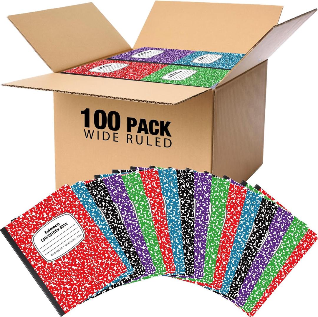 Fulmoon 100 Pcs Composition Notebooks Wide Ruled, Comp Book, 10.12"x 7.2", 30 Sheets Per Comp Book, Black Purple Blue Red Green, Marble Notebooks for School Home Office