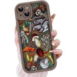 KANGHAR Case for iPhone 15 Plus Card Slot Phone Case, Cute Mushroom Design with Card Holder for Women Girls Slim Shockproof Wallet Cover-Brown