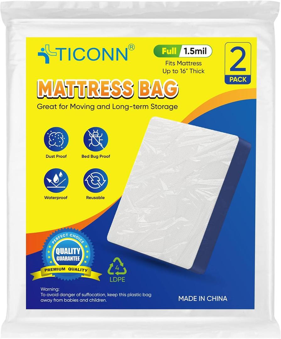 TICONN 2PK Plastic Mattress Bag for Moving Storage, Waterproof Mattress Protector Cover, Heavy-Duty Mattress Moving Supplies (1.5 mil, Full) TICONN 2PK Plastic Mattress Bag for Moving Storage, Waterproof Mattress Protector Cover, Heavy-Duty Mattress Moving Supplies (1.5 mil, Full)