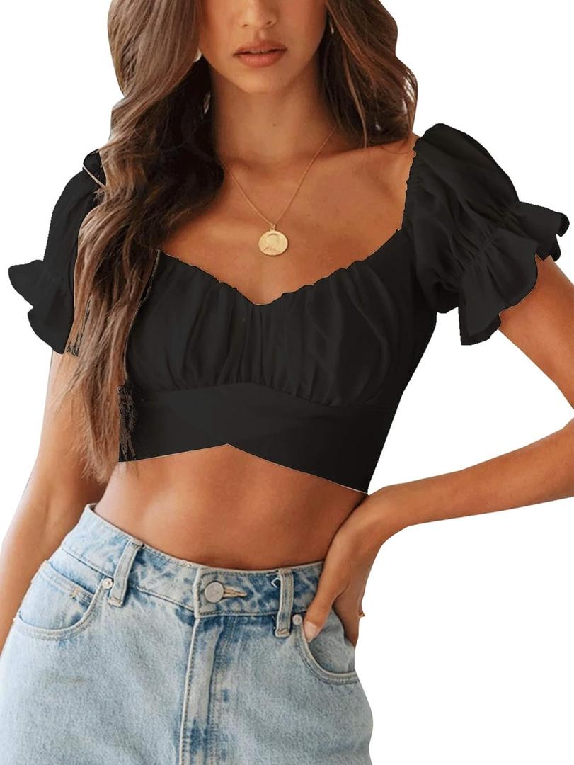 LYANER Women's Ruffle Short Sleeve Tie Up Back Crop Top Off Shoulder Bardot Blouse (Black) S