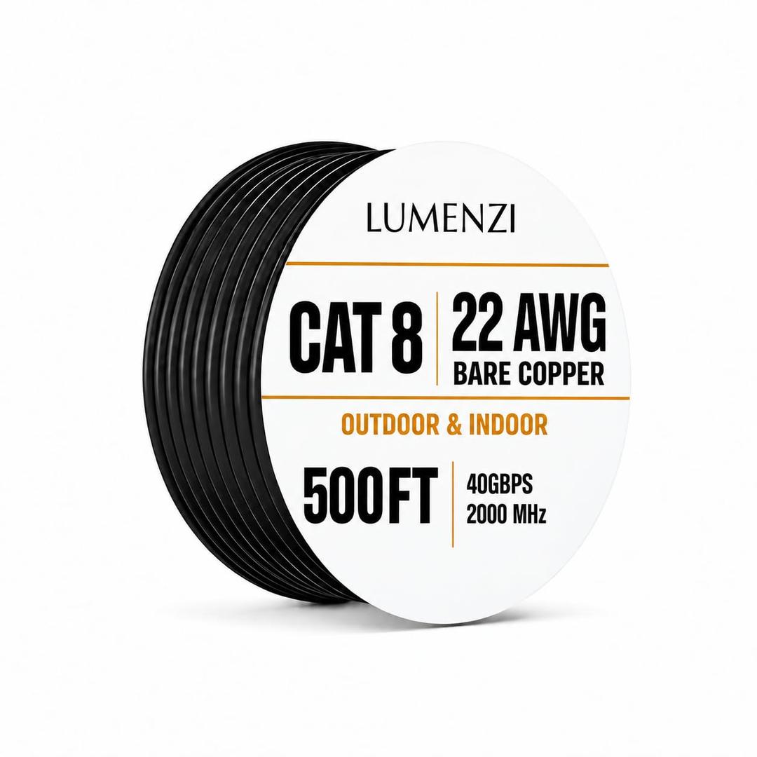 Cat8 500ft Ethernet Cable, 22 AWG 100% Bare Copper, Black, Solid Bulk Round S/FTP Shielded LAN Cable, 40Gbps 2000MHz, ETL Listed, RoHS Compliant, PoE Compatible for Indoor/Outdoor, CCTV