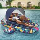 Sunikko X 3-in-1 Pool Floats with Canopy Cup Holder, Tanning Pool Large 73" x 48" Float Adult Heavy Duty, Inflatable Lounger Raft Floating Chair with Backrest, Swimming Pool Lake Beach Party