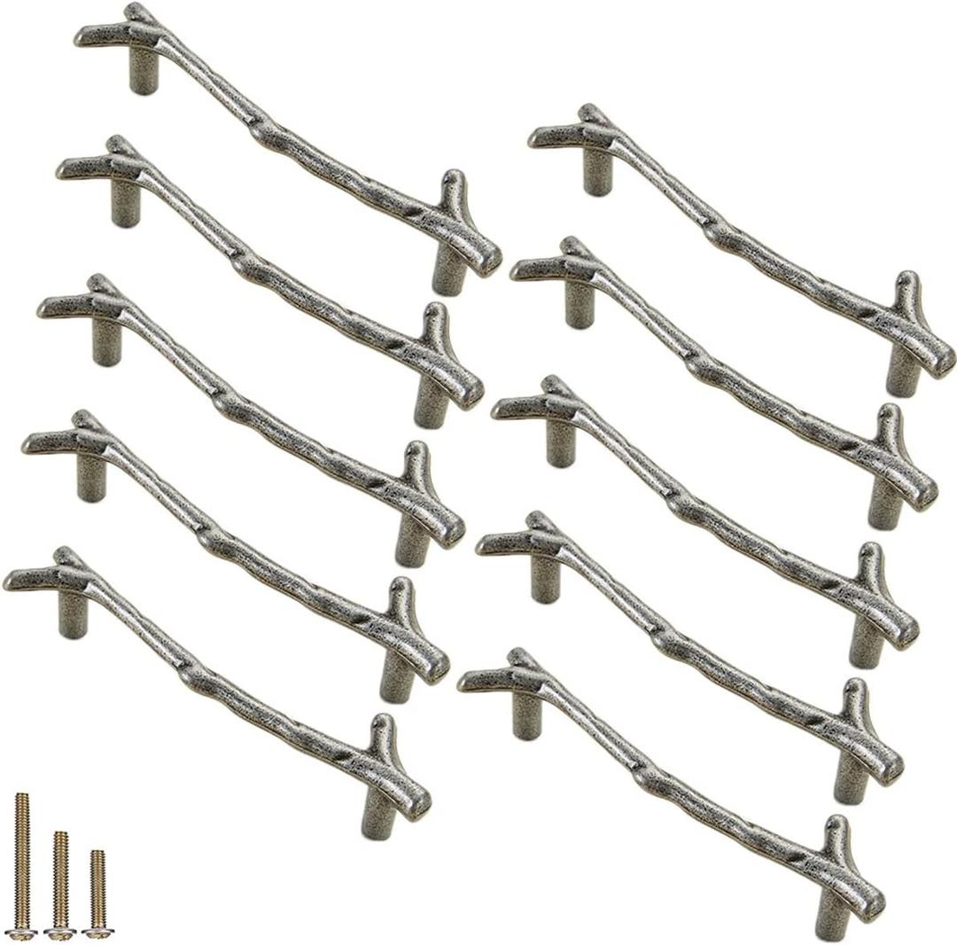10pcs Vintage Tree Twig Branch Cabinet Knobs Pulls Handles,Zinc Alloy Drawer Pull Handles for Farmhouse Cabin Mountain House Kitchen Cupboard (Hole Distance 3.8" / 10 Pack, Ancient Silver)