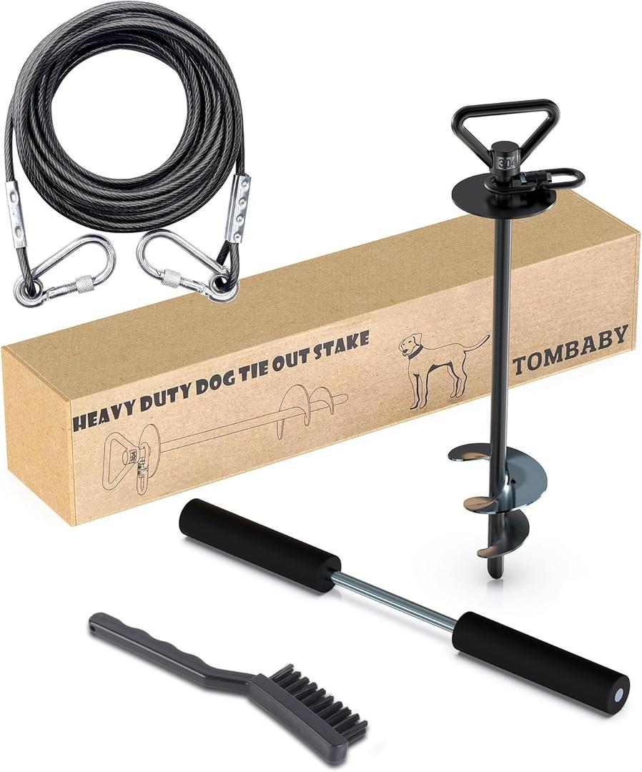 Dog Tie Out Cable and Stake,with 20FT Heavy Duty Cable,360 Swivel Dog Anchor& Anti-Tangle,Dog Runner for Yard,Dog Stake Allows Dogs Up to 150 lbs, Dog Stakes for Outside Beach,Camping, Yard (13''black+20FT)