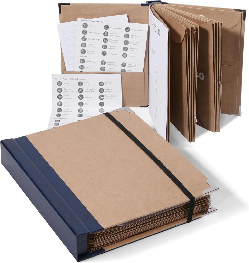 The Folio Document Organizer,Important Document Organizer| Extra Thick Paper,Hard Cardboard Cover,Durable Binder for Office and Home,Birth Certificates, Social Security Cards, Passports (Kraft Brown)